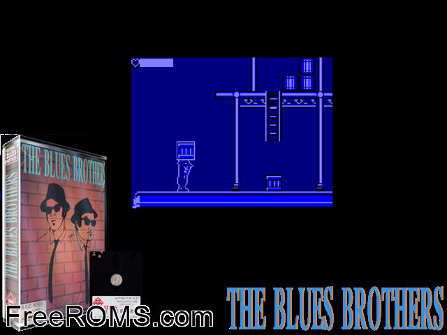 Blues Brothers, The (F) (1991) [t1] Amstrad CPC game showing 3D box cover and gameplay screenshot